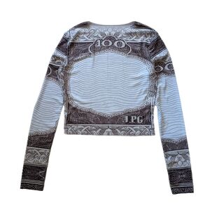 White and brown mesh see through crop top with bell sleeve